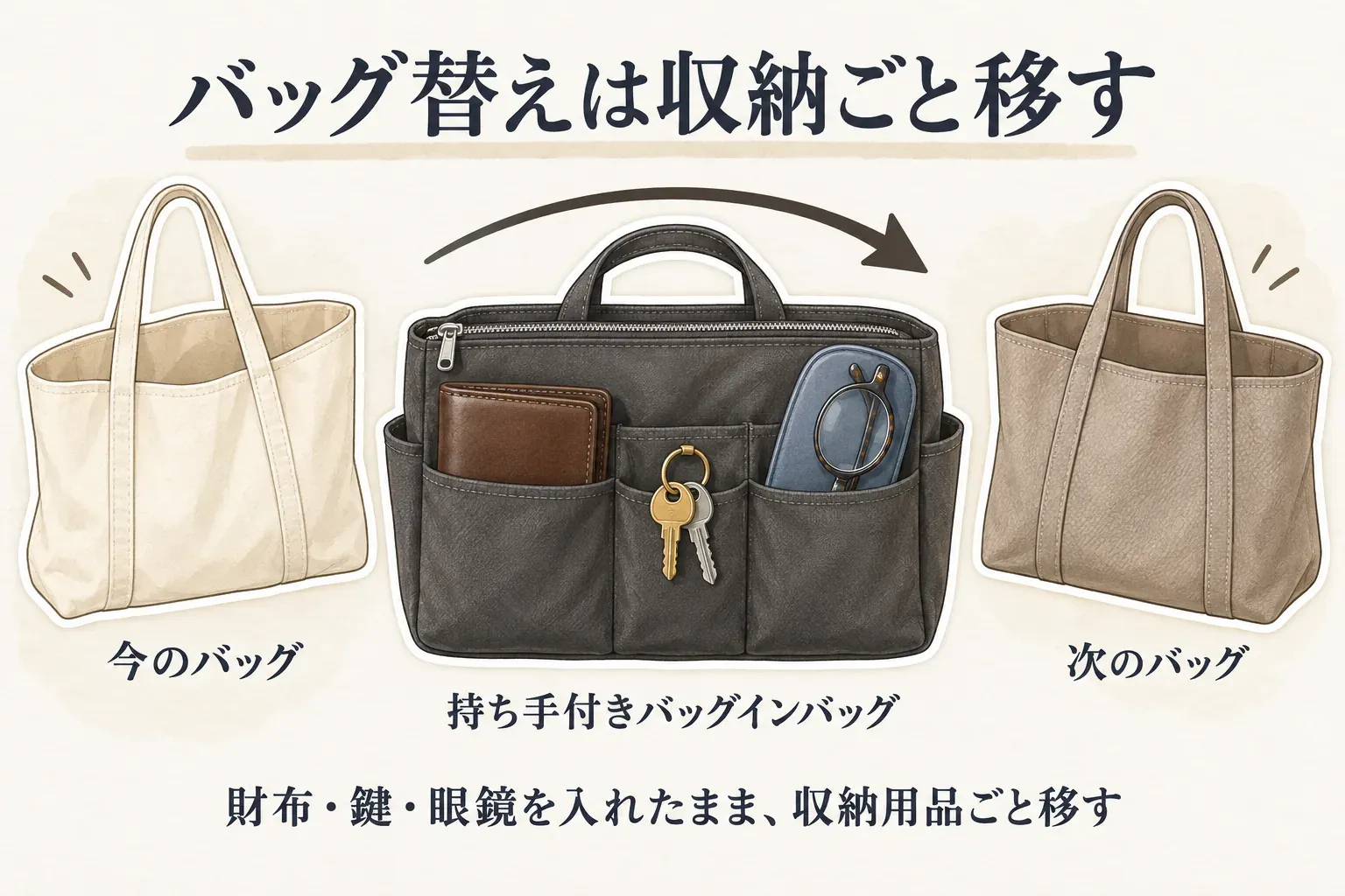 現在のバッグから持ち手付きバッグインバッグを取り出し、財布・鍵・眼鏡を入れたまま次のバッグへ移す流れを示す図。収納用品ごと移すことで確認する対象を一つにする。出典：記事本文
