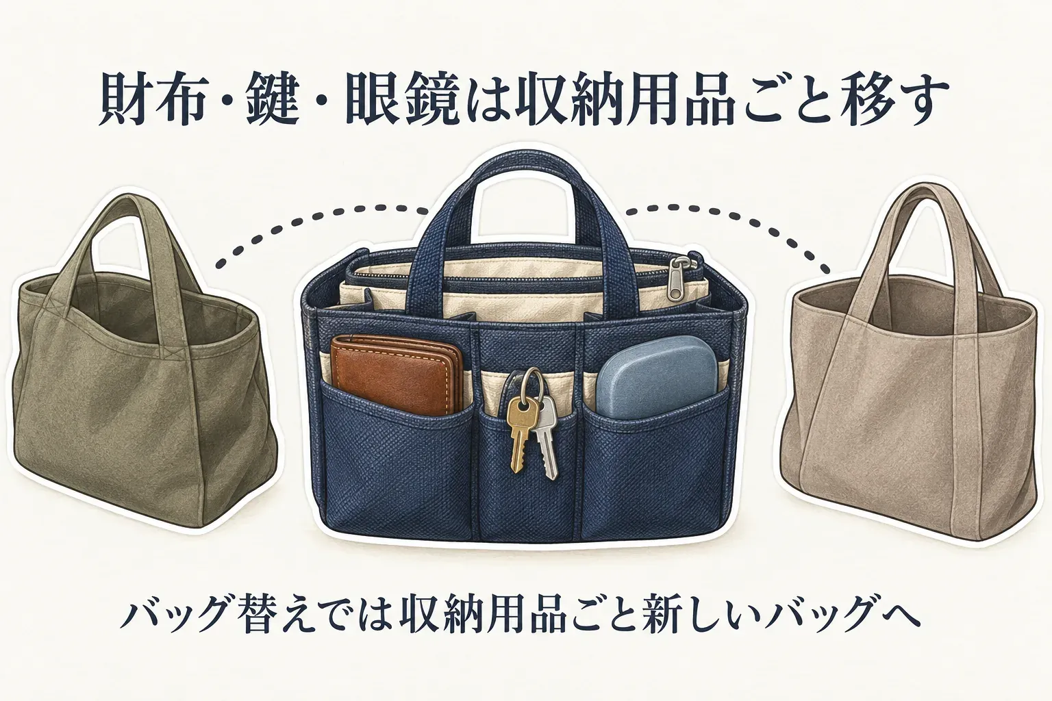 財布・鍵・眼鏡を入れた持ち手付きバッグインバッグを、バッグ替えの際に収納用品ごと新しいバッグへ移す様子を示す図。出典：記事本文