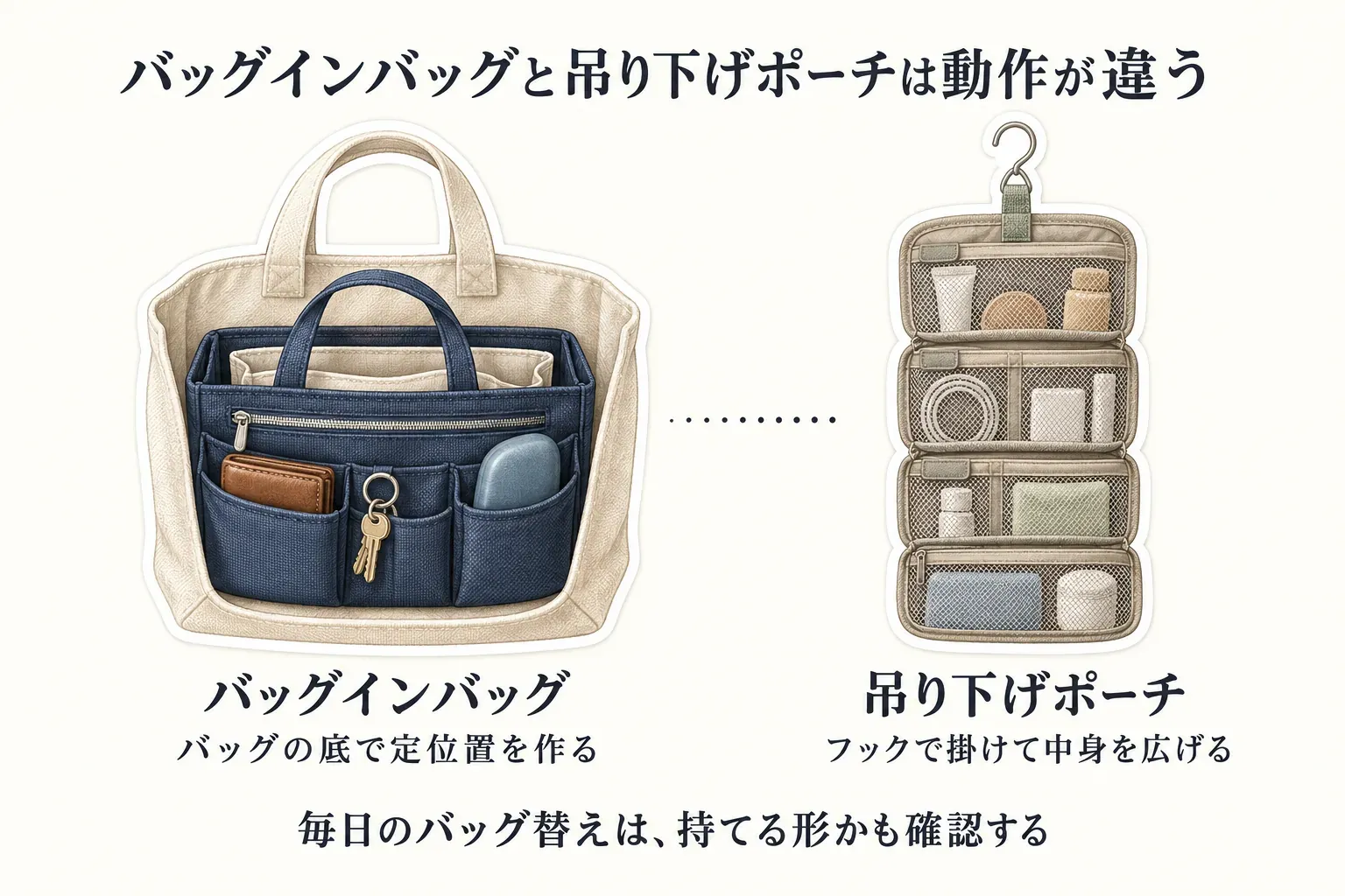 バッグインバッグはバッグの底で財布・鍵・眼鏡の定位置を作り、吊り下げポーチはフックで掛けて中身を広げる、二つの使い方の違いを並べた図。毎日のバッグ替えでは持てる形も確認することを示す。出典：記事本文