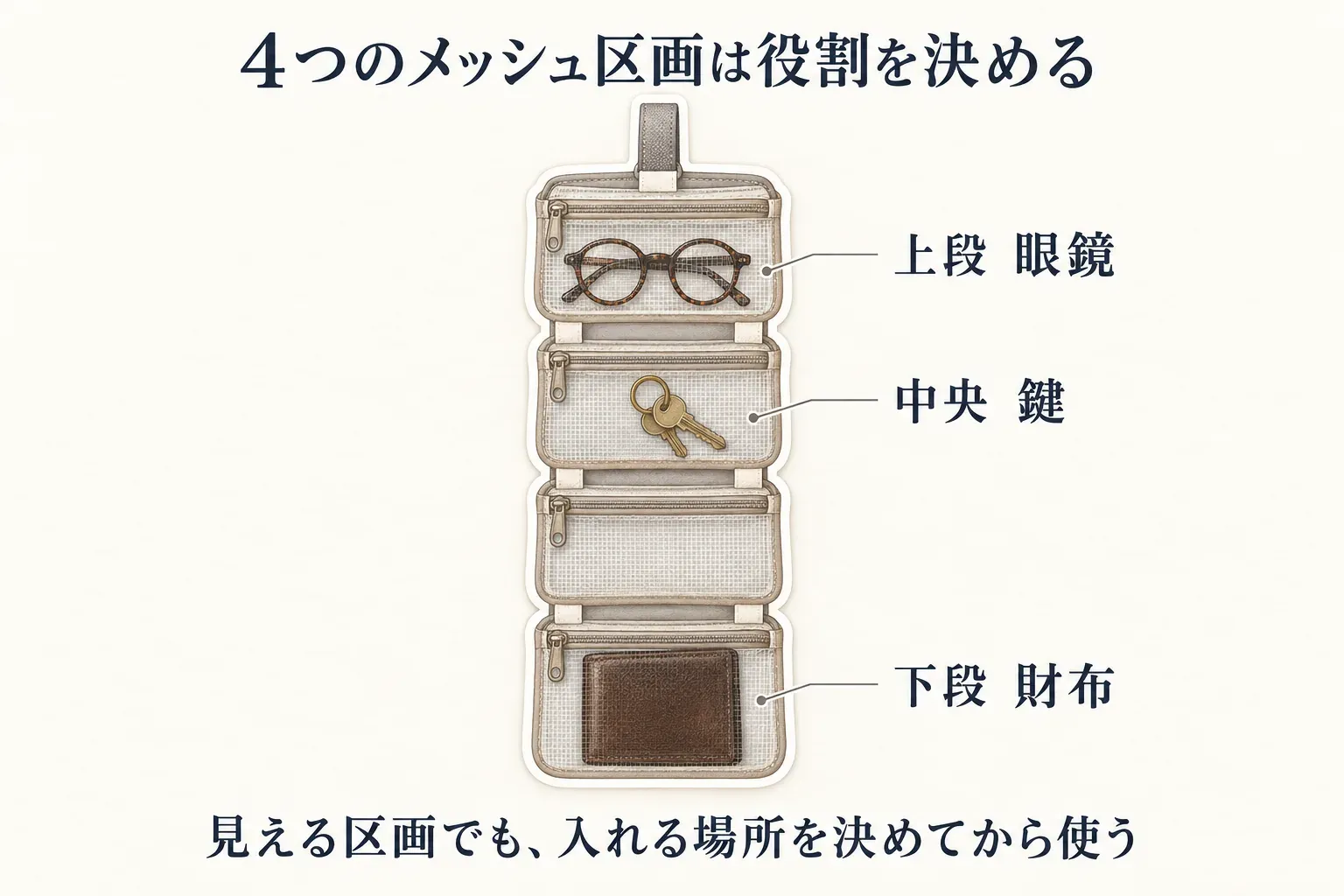 縦に並ぶ4つのメッシュ区画のうち、上段に眼鏡、中央に鍵、下段に財布を入れる役割分担の例を示す図。見える区画でも入れる場所を決めて使うことを示す。出典：記事本文