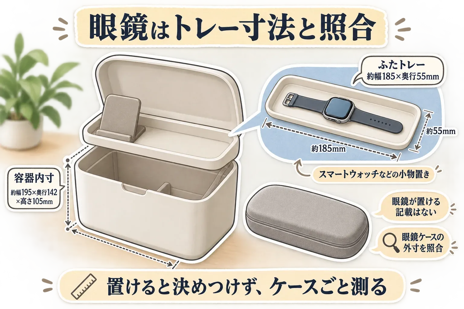 towerの充電ステーションのふたトレー約幅185×奥行55mm、容器内寸約幅195×奥行142×高さ105mmと、スマートウォッチ、眼鏡ケースを示し、眼鏡を置ける記載はないため眼鏡ケースの外寸をトレー寸法と照合することを示す図。出典：記事本文