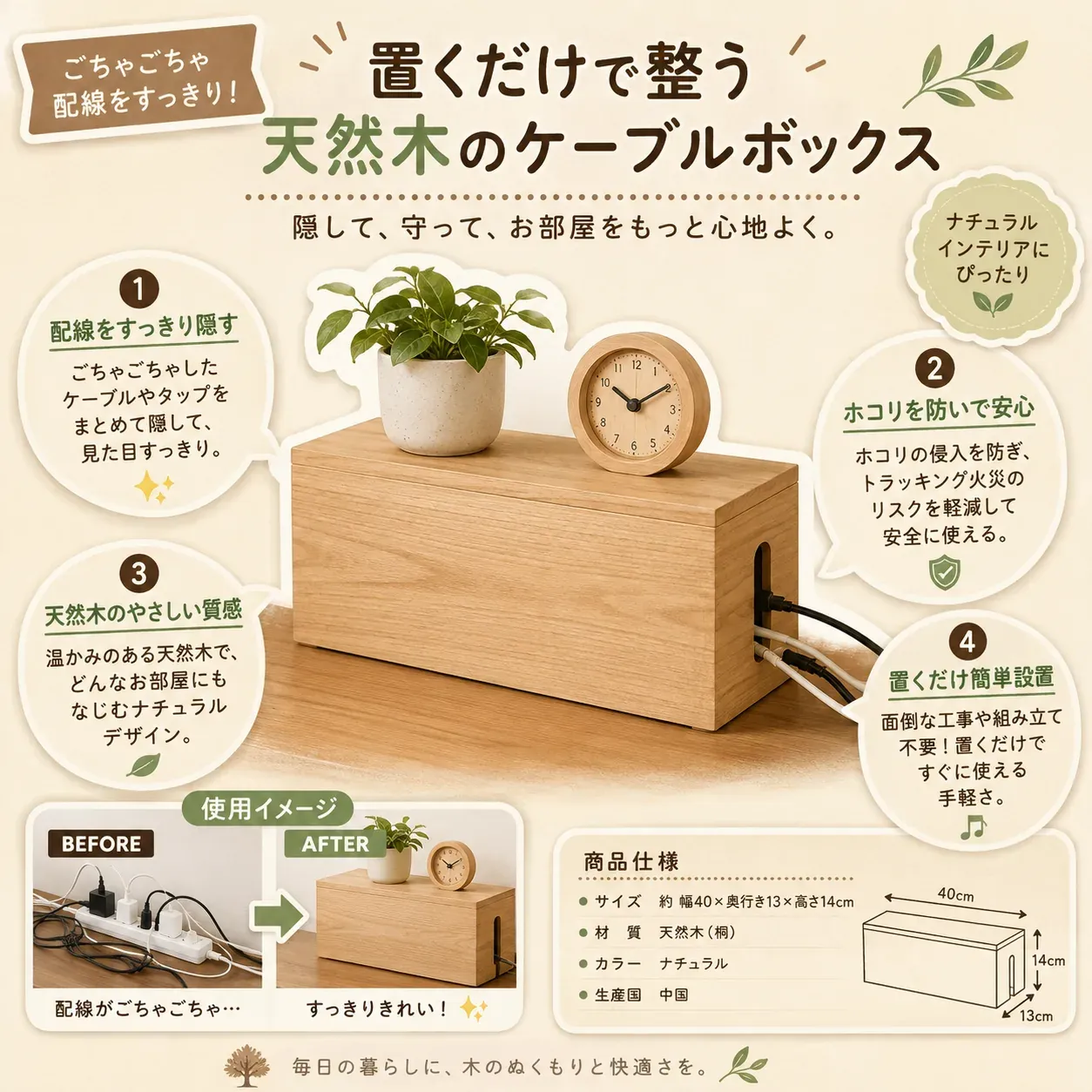 木製ケーブル収納ボックスへ電源タップとコードを入れる前に、タップとACアダプターの内寸、壁との間でコードが折れない出口、合計1,500W未満の消費電力を確認し、箱の中でケーブルを束ねず、対象商品の説明では1,000Wを超える機器のコードを収納しないことを示す図。出典：記事本文