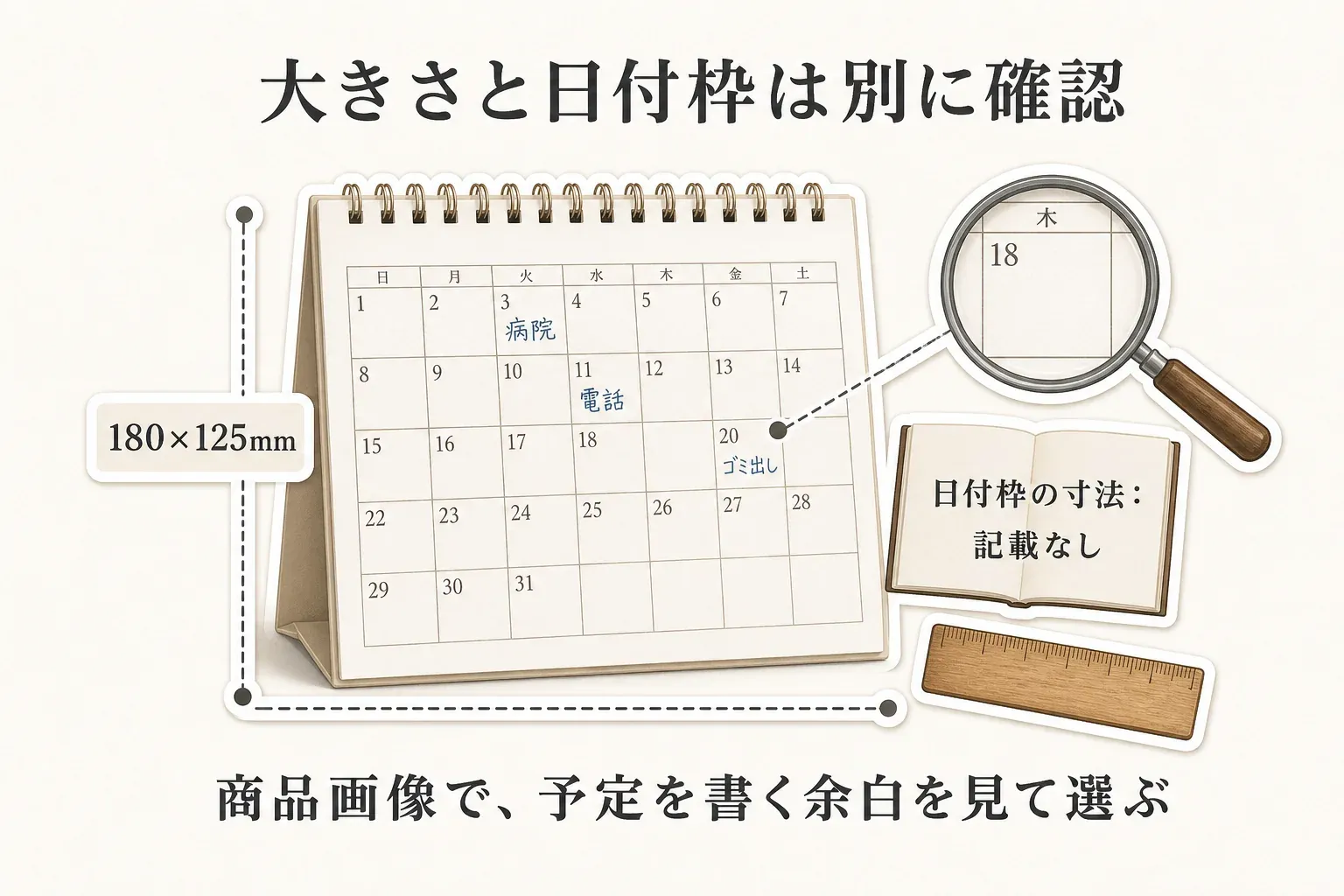 全体サイズ180×125mmの卓上カレンダーと、日付枠の寸法が記載されていないことを示す図。商品画像で予定を書く余白を確認して選ぶ。出典：記事で確認した商品説明