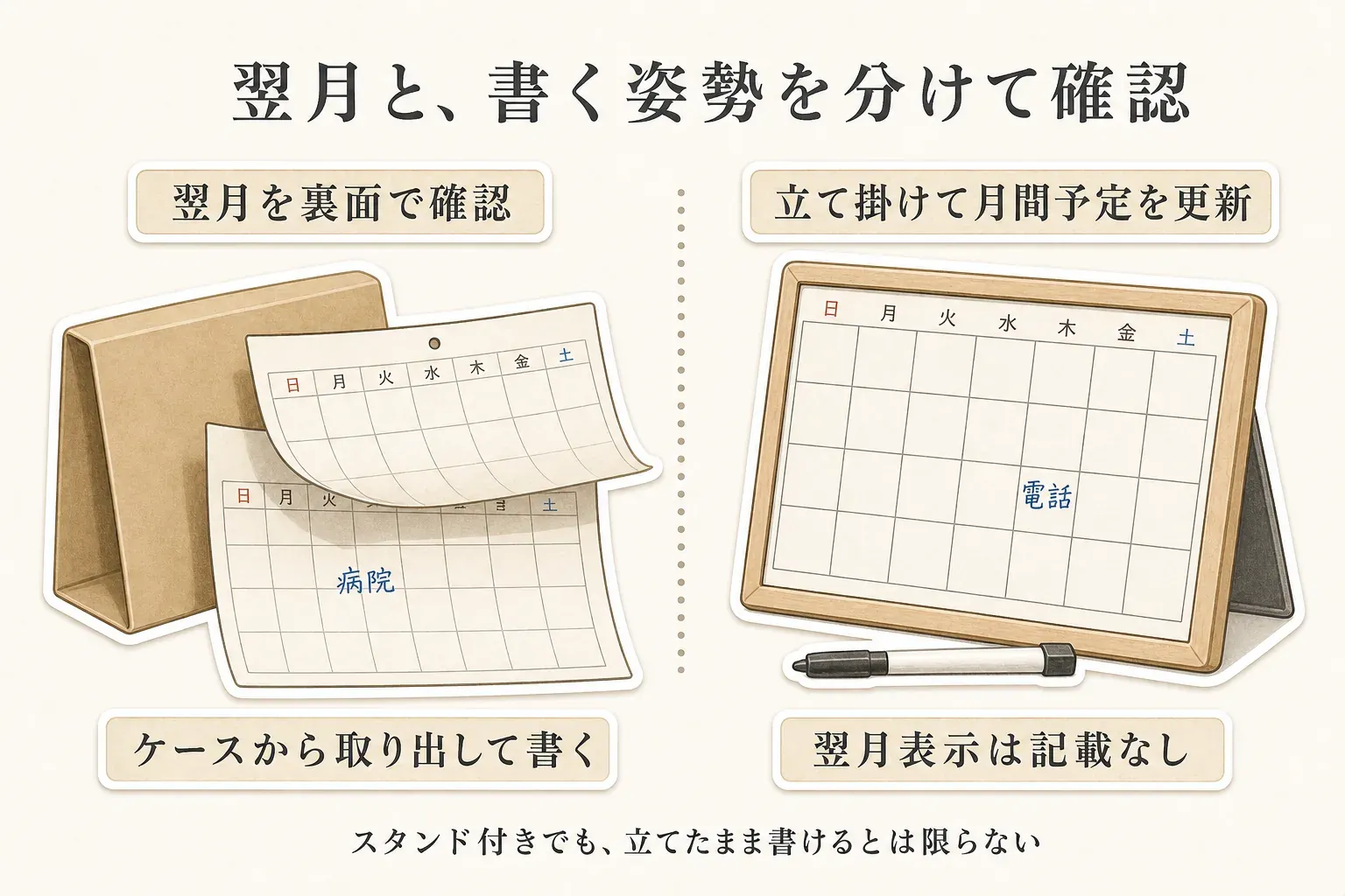翌月表示と書く姿勢を分けて確認する図。紙製カレンダーは裏面で翌月を確認し、ケースから取り出して書く。ホワイトボードカレンダーは立て掛けて月間予定を更新し、翌月表示は記載なし。スタンド付きでも立てたまま書けるとは限らない。出典：記事で確認した商品説明