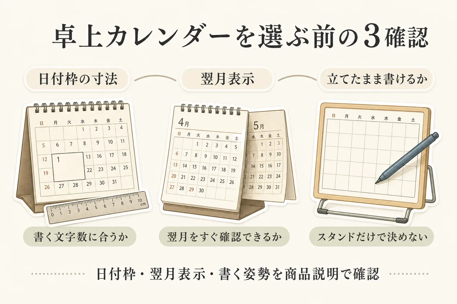 卓上カレンダーを選ぶ前に、日付枠の寸法が書く文字数に合うか、翌月をすぐ確認できるか、立てたまま書けるかの3点を確認する図。日付枠・翌月表示・書く姿勢を商品説明で確かめる。出典：記事本文、商品説明