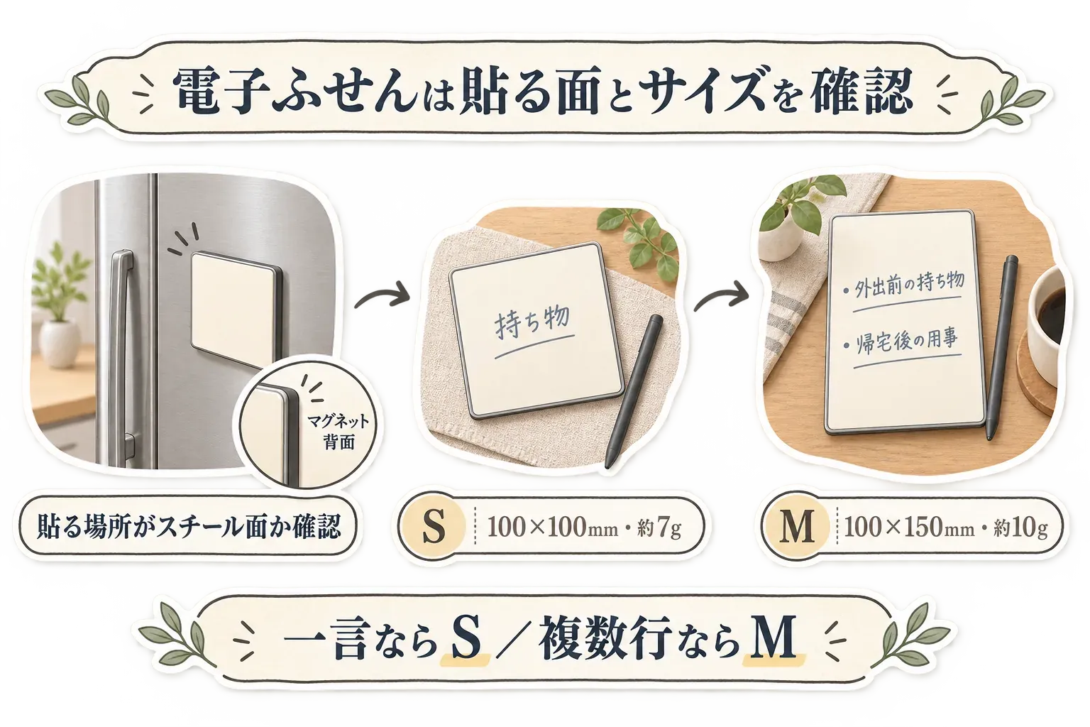 マグネット背面の電子ふせんをスチール面に貼る様子と、Sサイズは100×100mm・約7g、Mサイズは100×150mm・約10gであることを示す図。一言ならS、複数行ならM。出典：記事で確認した商品説明