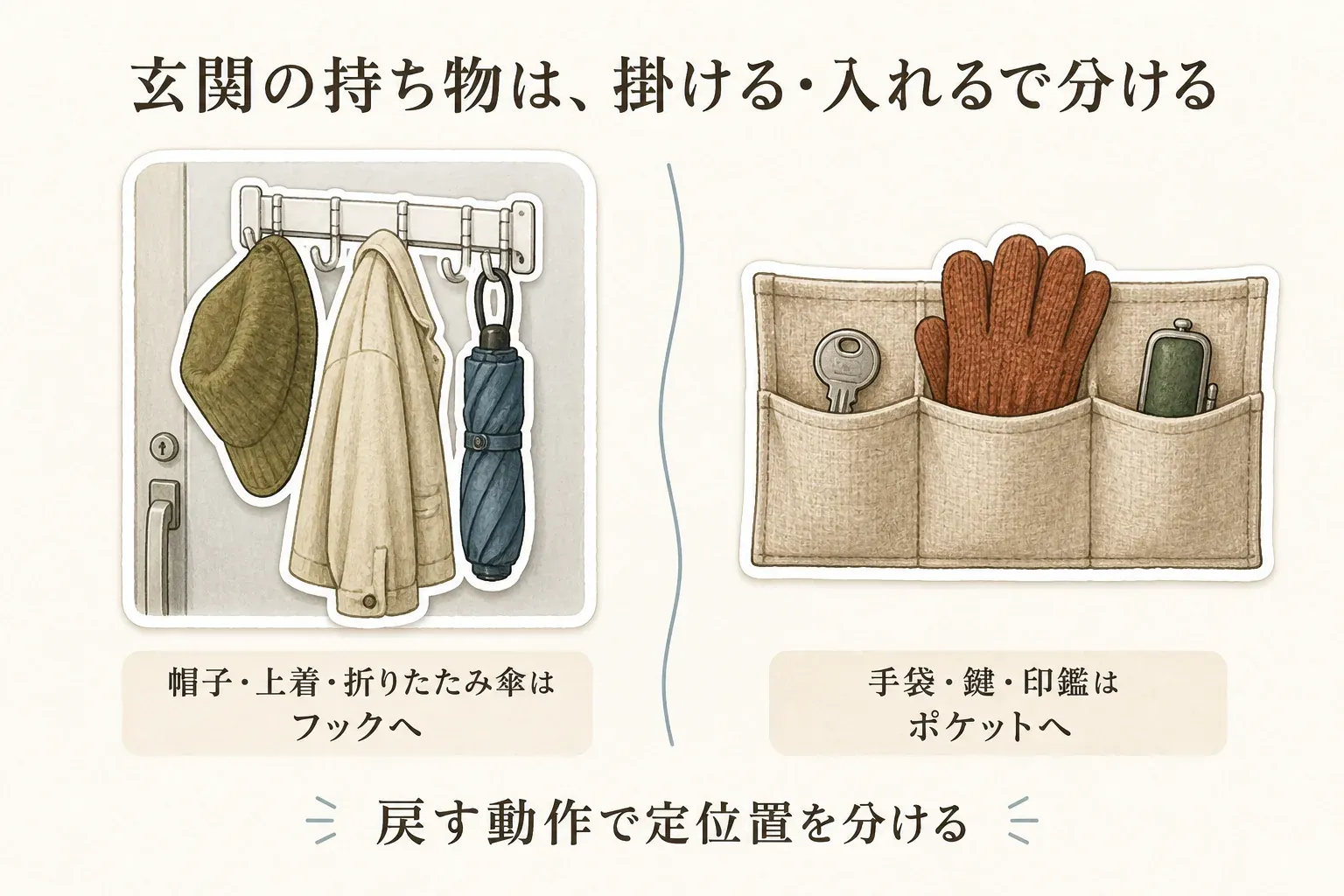 玄関の持ち物を掛ける物と入れる物に分ける図。磁石付きフックに帽子・上着・折りたたみ傘を掛け、壁掛けポケットに手袋・鍵・印鑑を入れ、戻す動作ごとに定位置を分けることを示している。出典：記事本文