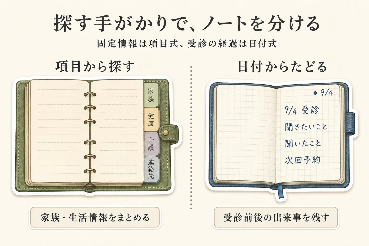 家族・健康・介護・連絡先など固定情報を項目から探す家族連絡ノートと、受診日・聞きたいこと・聞いたこと・次回予約を日付からたどるデイリーログを並べた図。家族・生活情報は項目式、受診前後の出来事は日付式で残す。出典：記事本文
