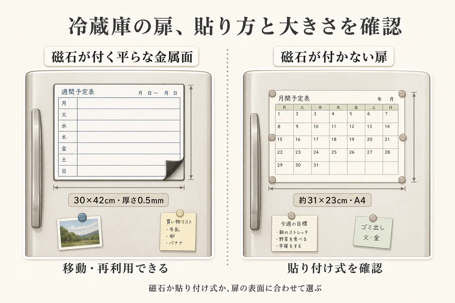 冷蔵庫の磁石が付く平らな金属面には30×42cm・厚さ0.5mmの磁気シートを、磁石が付かない扉には約31×23cm・A4の貼り付け式カレンダーを選ぶ例を示す図。扉の表面に合う貼り方と大きさを確認する。出典：記事で確認した商品説明