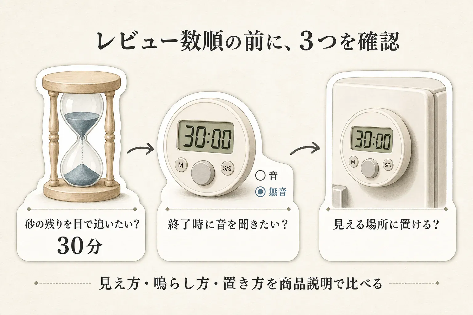 レビュー数順で商品を比べる前に、砂の残りを目で追いたいか、終了時に音を聞きたいか、見える場所に置けるかの3点を確認する図。ダイヤル式は音あり・無音の選択肢も示す。出典：記事本文