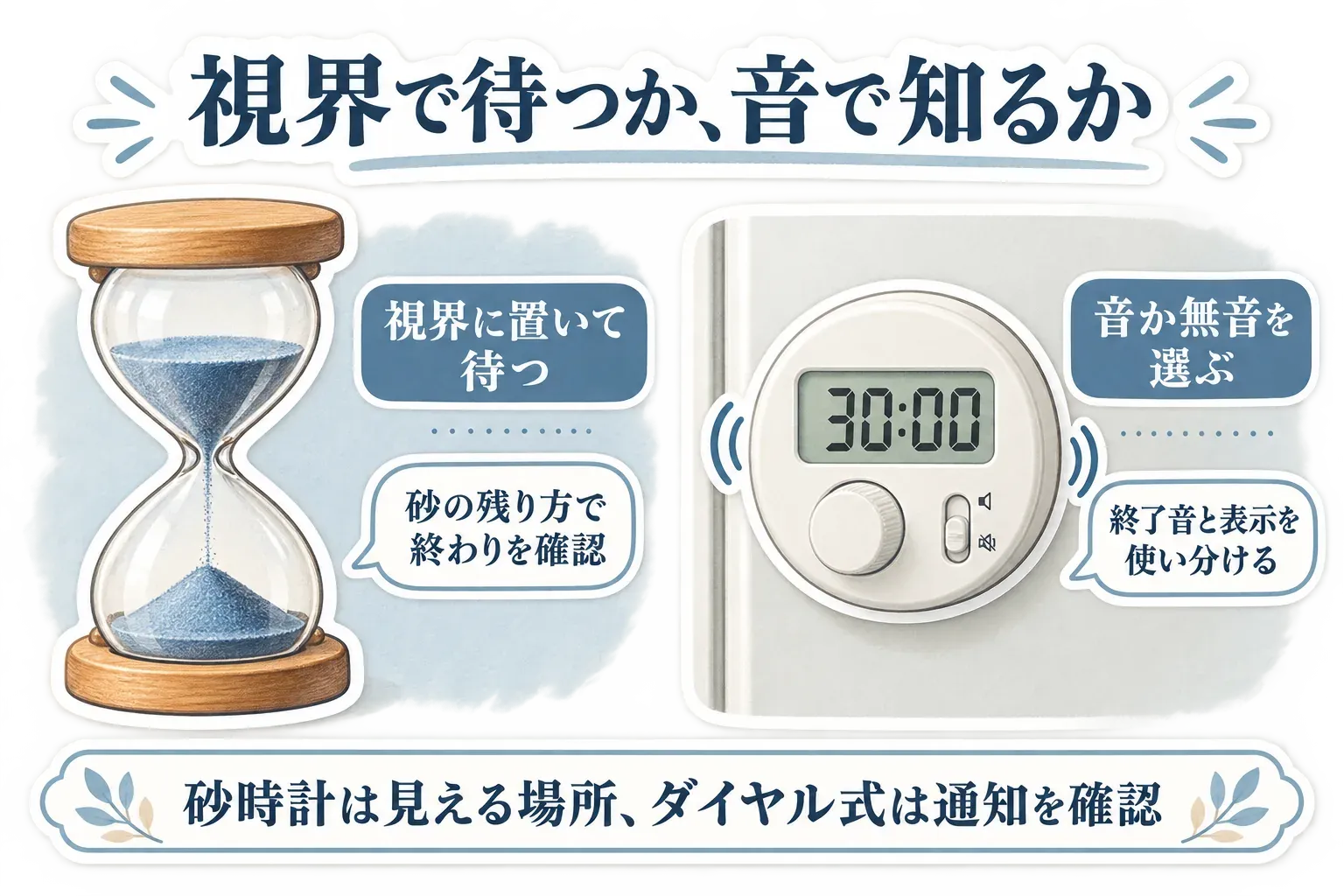 机の上で砂時計を視界に置いて砂の残り方から終了を確認する使い方と、冷蔵庫に取り付けたダイヤル式タイマーで終了音または無音を選ぶ使い方を並べた図。出典：記事本文