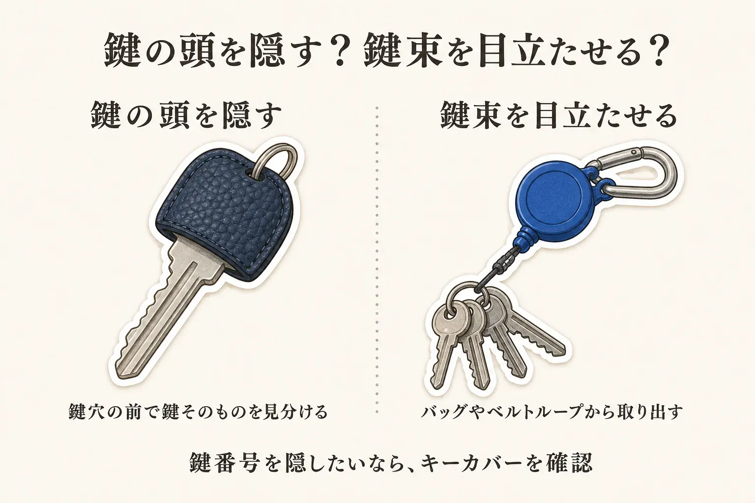 鍵の頭を覆うネイビーのキーカバーで鍵穴の前に鍵そのものを見分ける方法と、カラビナ付きコードリールで複数の鍵束を目立たせバッグやベルトループから取り出す方法を並べた図。鍵番号を隠したい場合はキーカバーを確認する。出典：記事本文