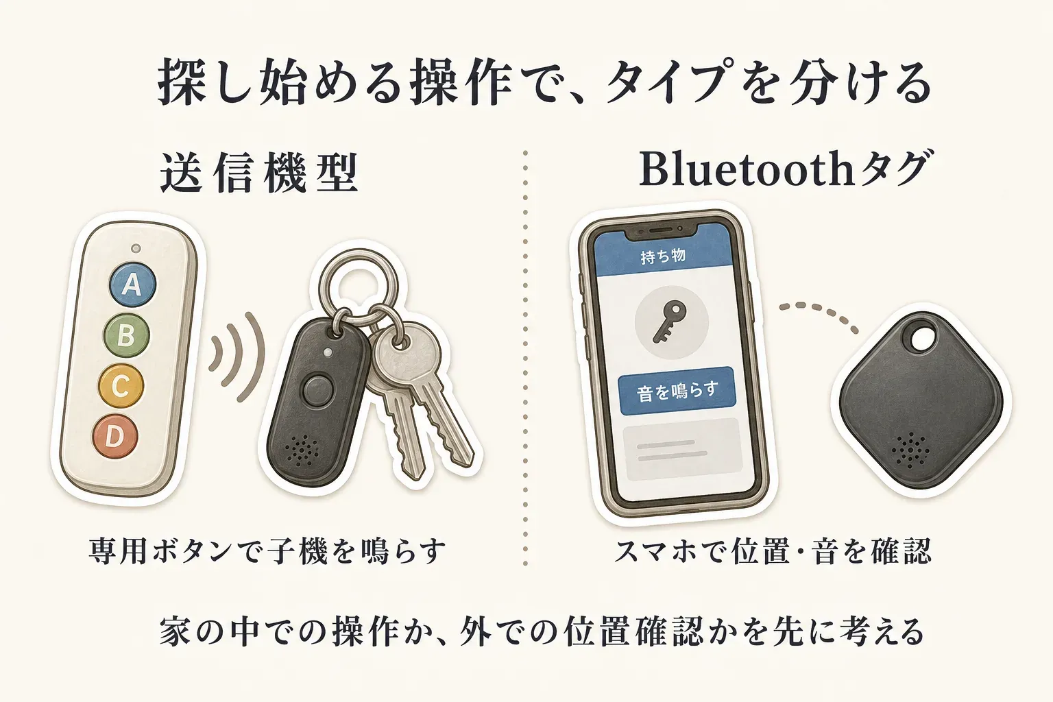 家の中で鍵やリモコンを探す場面で、送信機のボタンを押して対応する受信機を鳴らす送信機型と、スマホのアプリからタグを探すBluetooth紛失防止タグを比較した図。スマホを開かずに探すなら送信機型、位置確認や置き忘れ通知も使うなら対応スマホのBluetoothタグを選ぶ。出典：記事本文