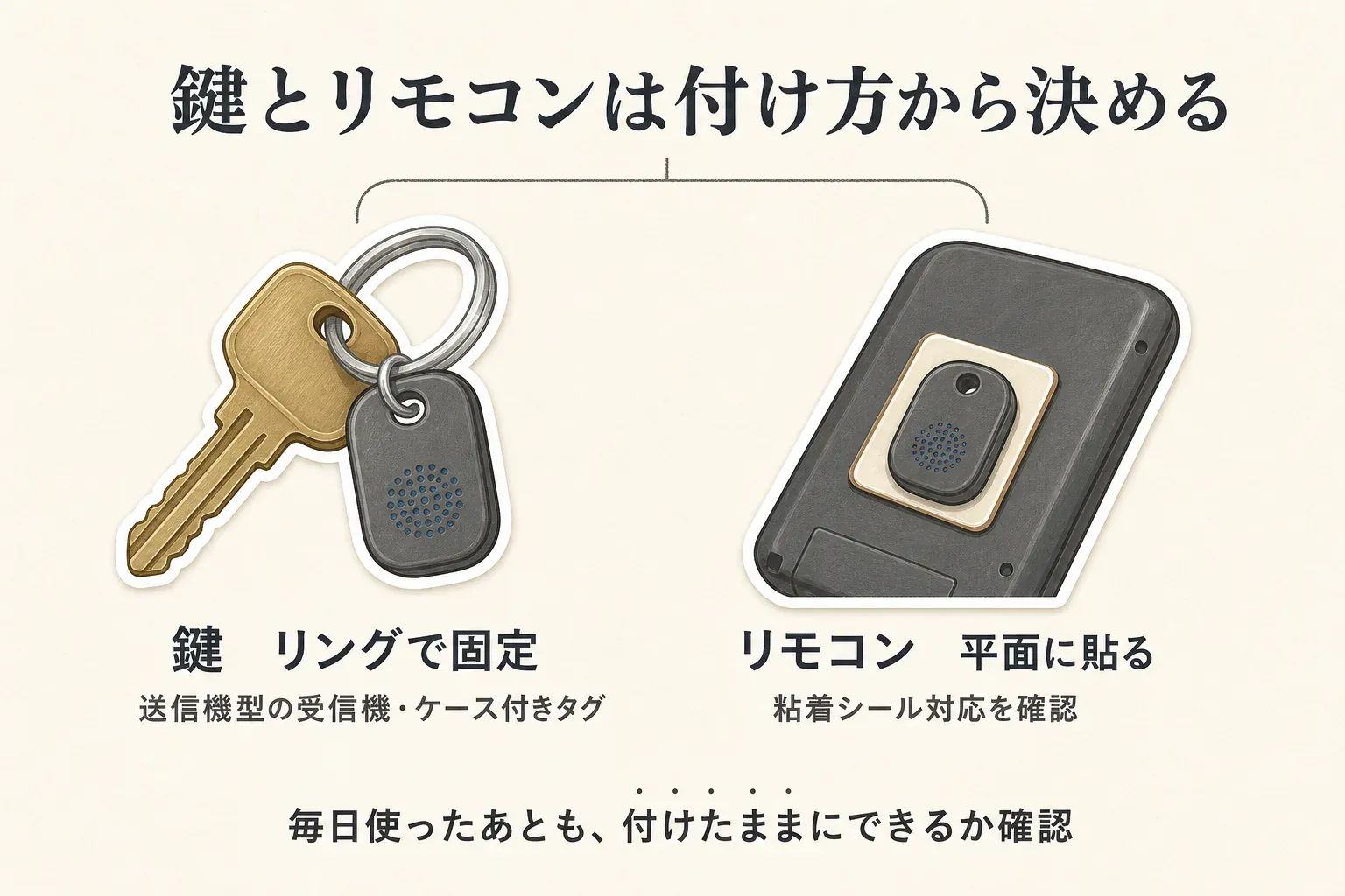 送信機型のキーホルダー・面ファスナーシール・キーリング・粘着シールと、Bluetoothタグの鍵・財布・バッグ・スーツケースへの取り付け例を整理した図。カード型タグは財布やパスケースの厚み、ボタン型タグは鍵と一緒に持てるかを確認する。出典：記事で確認した商品説明、記事本文
