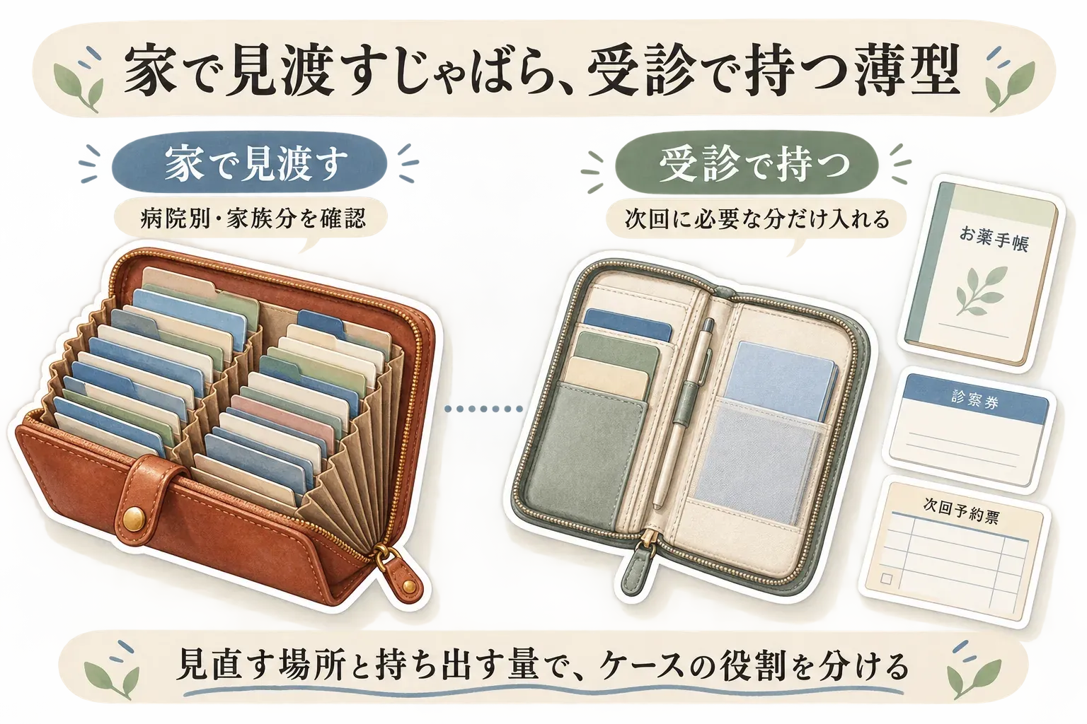家で見渡すじゃばら型に病院別・家族分の診察券を入れ、受診で持つ薄型ケースにお薬手帳・診察券・次回予約票を必要な分だけ入れる使い分けを示す図。見直す場所と持ち出す量でケースの役割を分ける。出典：記事本文