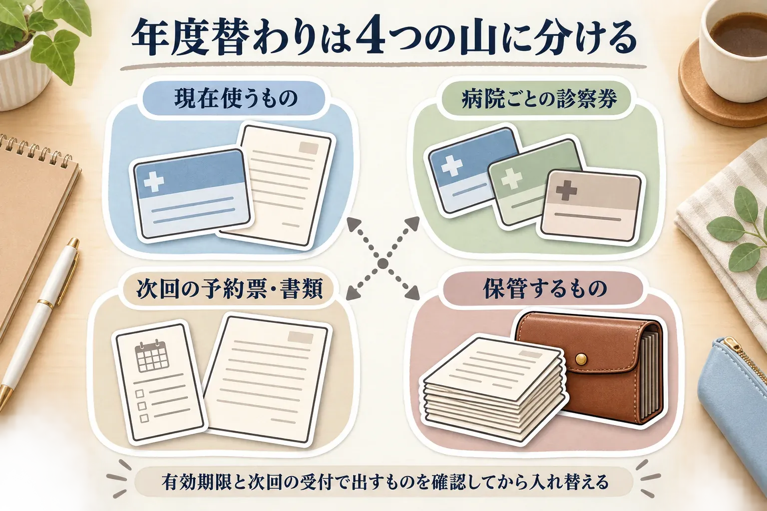 年度替わりの整理で、現在使うもの、病院ごとの診察券、次回の予約票・書類、保管するものを4つの山に分ける図。有効期限と次回の受付で出すものを確認してから入れ替える。出典：記事本文、厚生労働省「マイナンバーカードの健康保険証利用についてよくある質問」