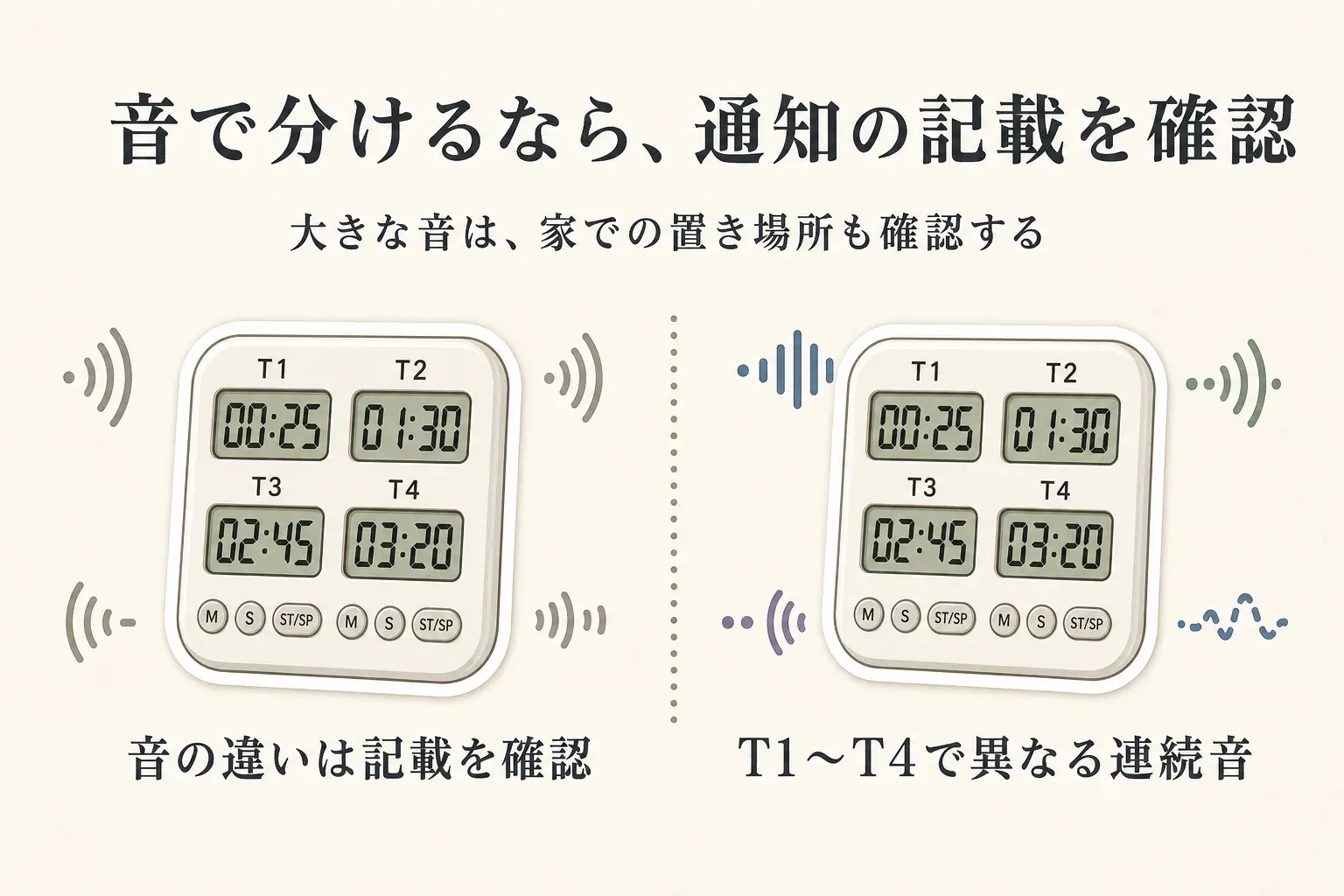 4連タイマーの終了音について、音の違いの記載を商品説明で確認する例と、T1からT4で異なる連続音により用事を聞き分ける例を並べた図。大きな音は家庭内の置き場所も確認する。出典：記事で確認した商品説明