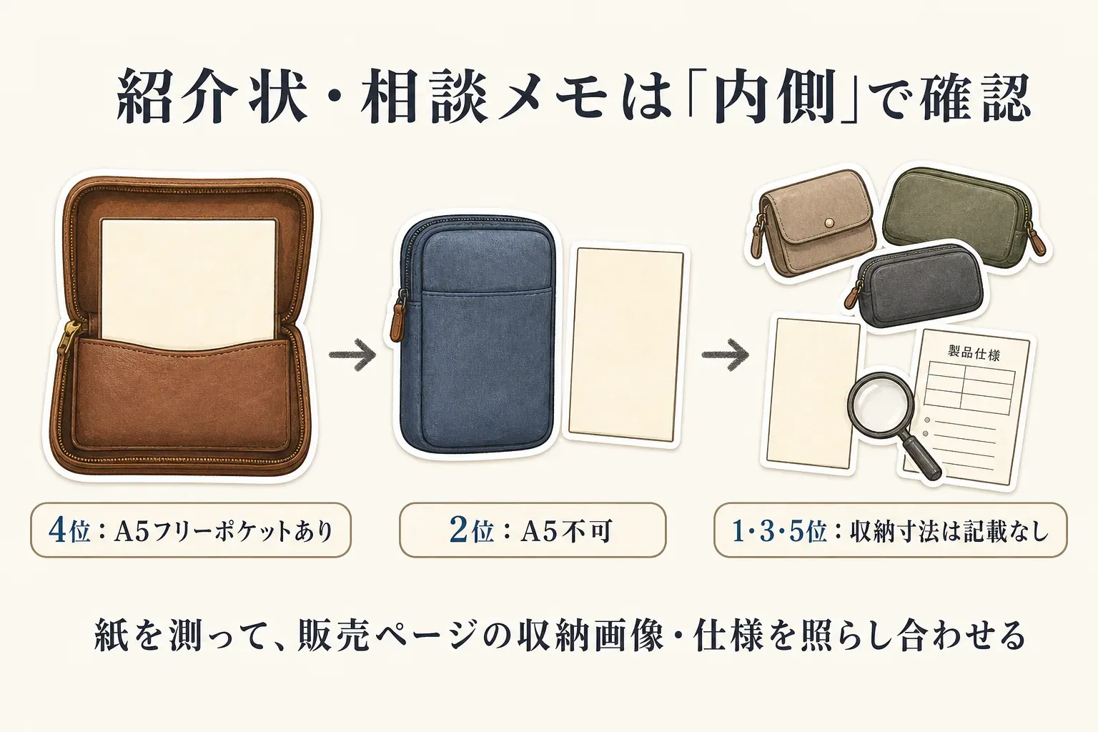 紹介状・相談メモはケースの内側の収納寸法で確認することを示す図。4位はA5フリーポケットあり、2位はA5不可、1位・3位・5位は収納寸法の記載なしのため、紙を測って販売ページの収納画像・仕様を照らし合わせる。出典：記事で確認した商品説明