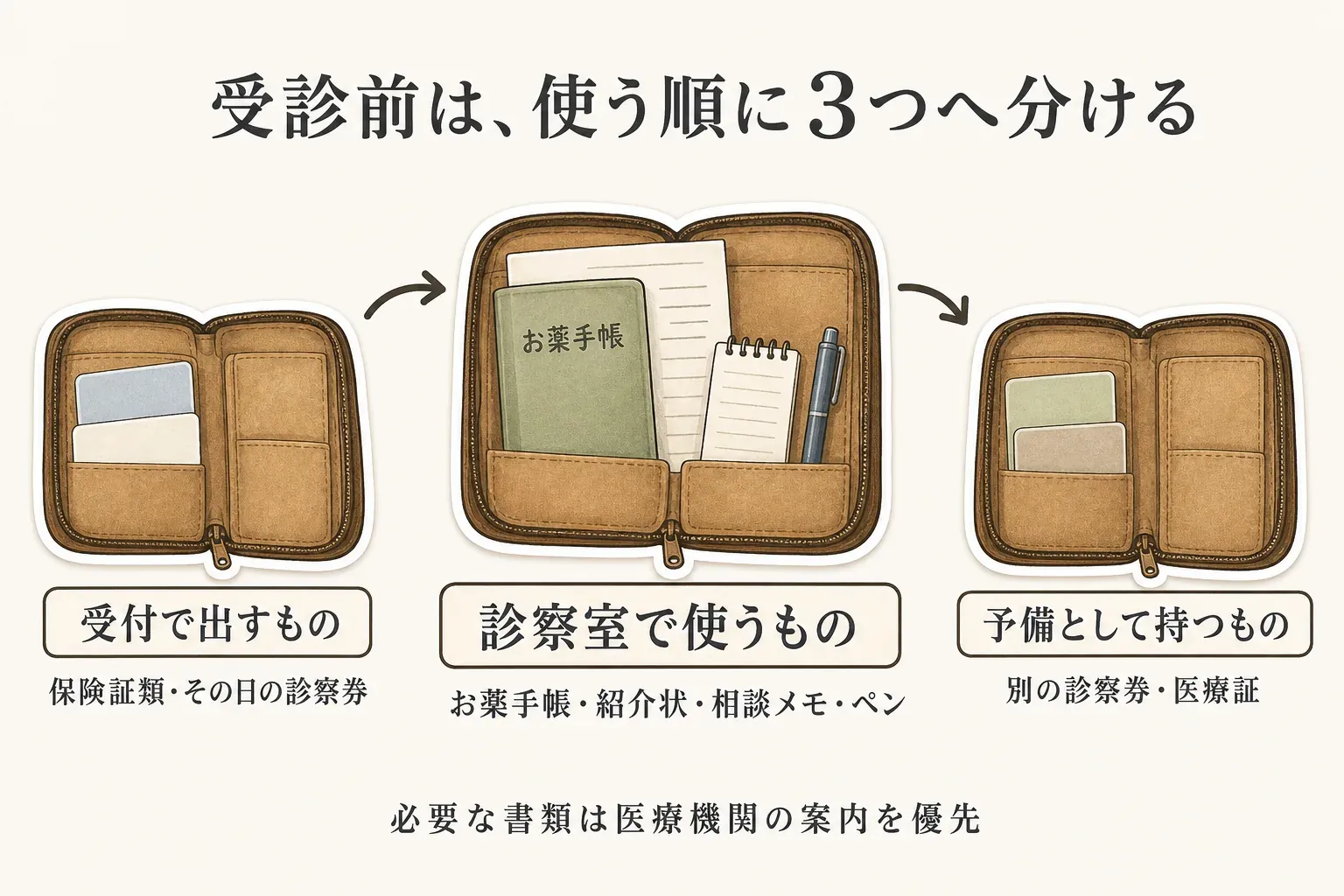 受診前の持ち物を使う順に3つへ分ける図。受付で出すものは保険証類とその日の診察券、診察室で使うものはお薬手帳・紹介状・相談メモ・ペン、予備として持つものは別の診察券・医療証。必要な書類は医療機関の案内を優先する。