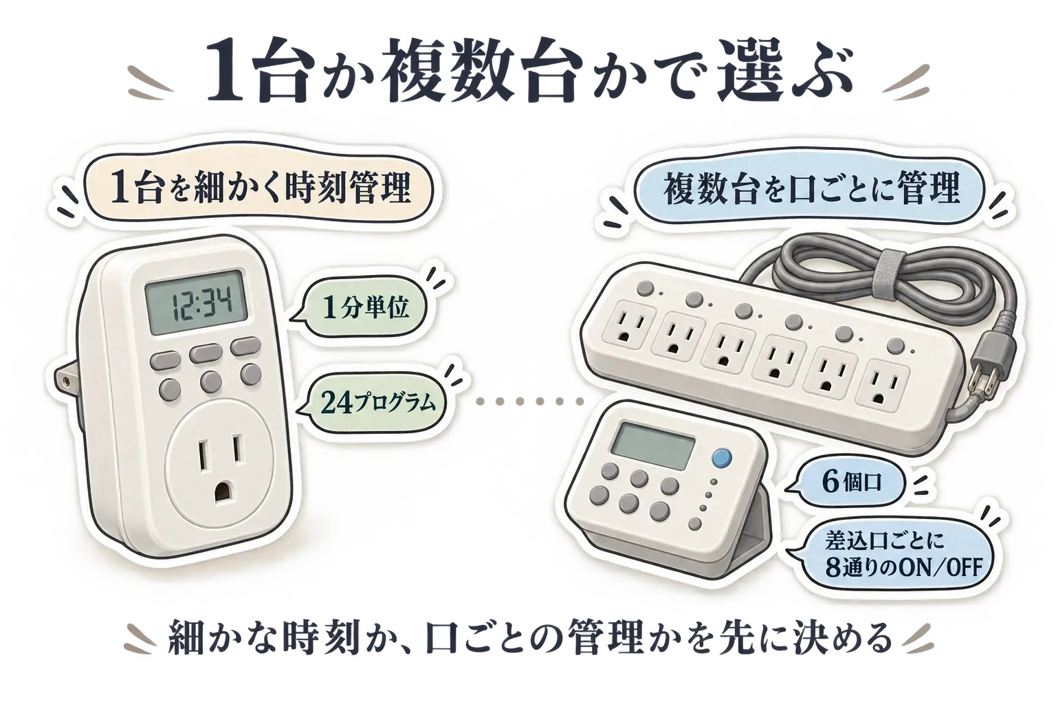 1口のデジタルタイマーで1台を1分単位・24プログラムで細かく時刻管理する方法と、6個口のタイマー付き電源タップで複数台を差込口ごとに8通りのON／OFFで管理する方法を比較した図。出典：記事本文