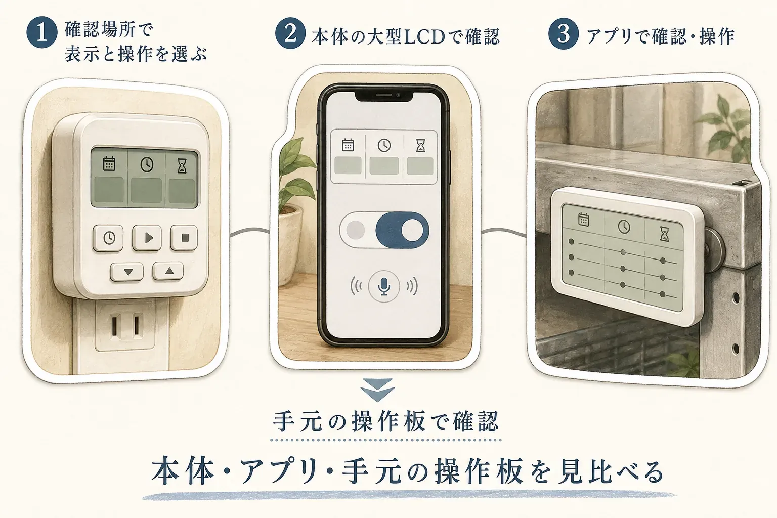 本体の大型LCDで時刻を確認するコンセントタイマー、スマートフォンのアプリで時刻を確認・操作する電源タップ、手元のマグネット付き操作板で時刻を確認するタイマー付き電源タップを並べ、確認場所に合わせて表示と操作を選ぶ図。出典：記事本文