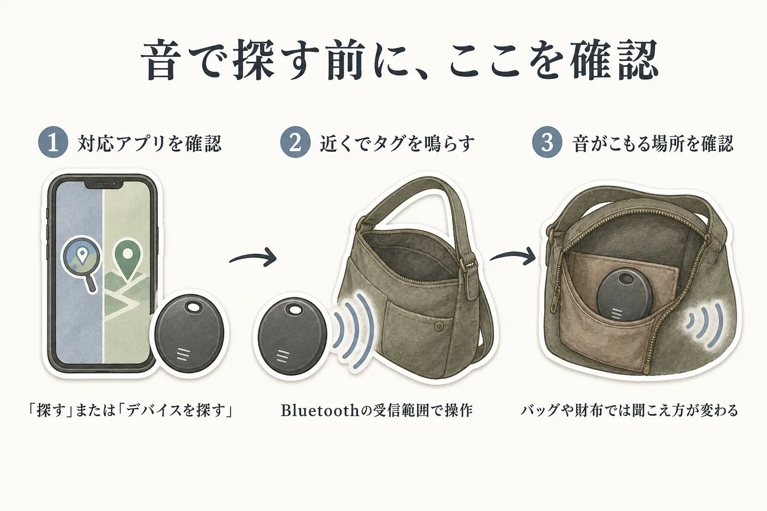 スマートタグを音で探す前の3つの確認を示す図。対応アプリの「探す」または「デバイスを探す」を確認し、Bluetoothの受信範囲でタグを鳴らし、バッグや財布では音がこもる場所を確認する流れ。出典：記事本文、Appleサポート、Google Android公式ヘルプ