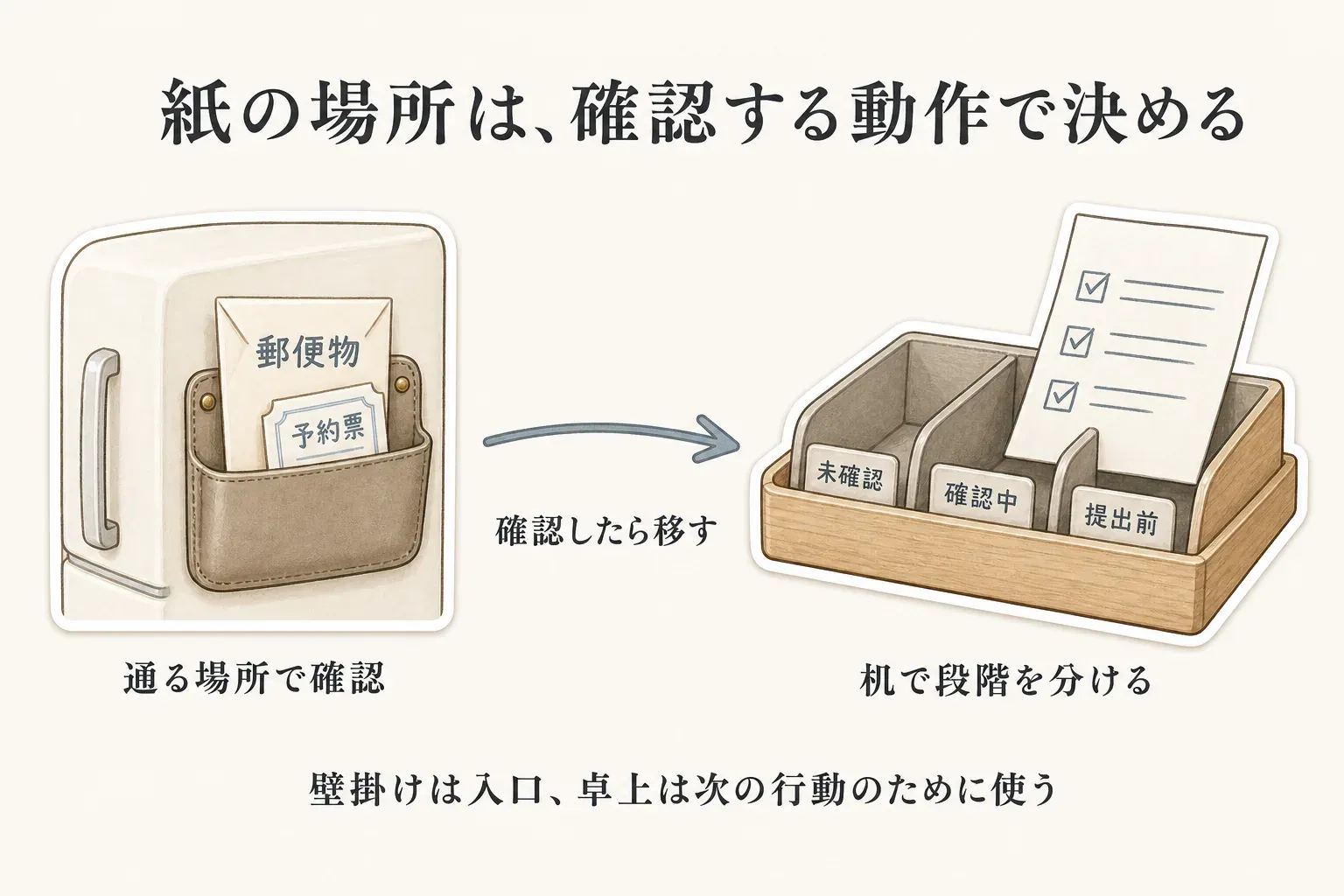 壁掛けレターホルダーと卓上書類トレーの紙の流れを示す図。冷蔵庫の側面に掛けたポケットへ郵便物・予約票を入れ、確認後は未確認・確認中・提出前に分かれた卓上トレーへ移す。壁掛けは通る場所で確認し、卓上は段階を分けて使うことを示している。出典：記事本文