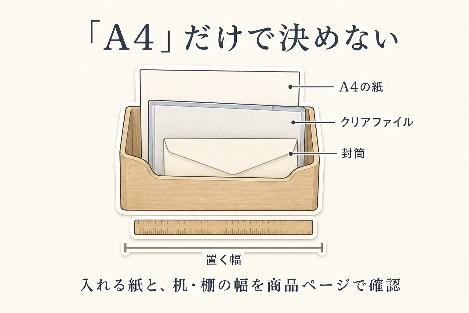A4対応の収納を選ぶときは、A4の紙だけでなくクリアファイルと封筒も入り、机や棚に置く幅を確認することを示す図。木製トレー内にA4の紙、クリアファイル、封筒を重ね、下に置く幅を測る定規が描かれている。出典：記事本文、商品説明