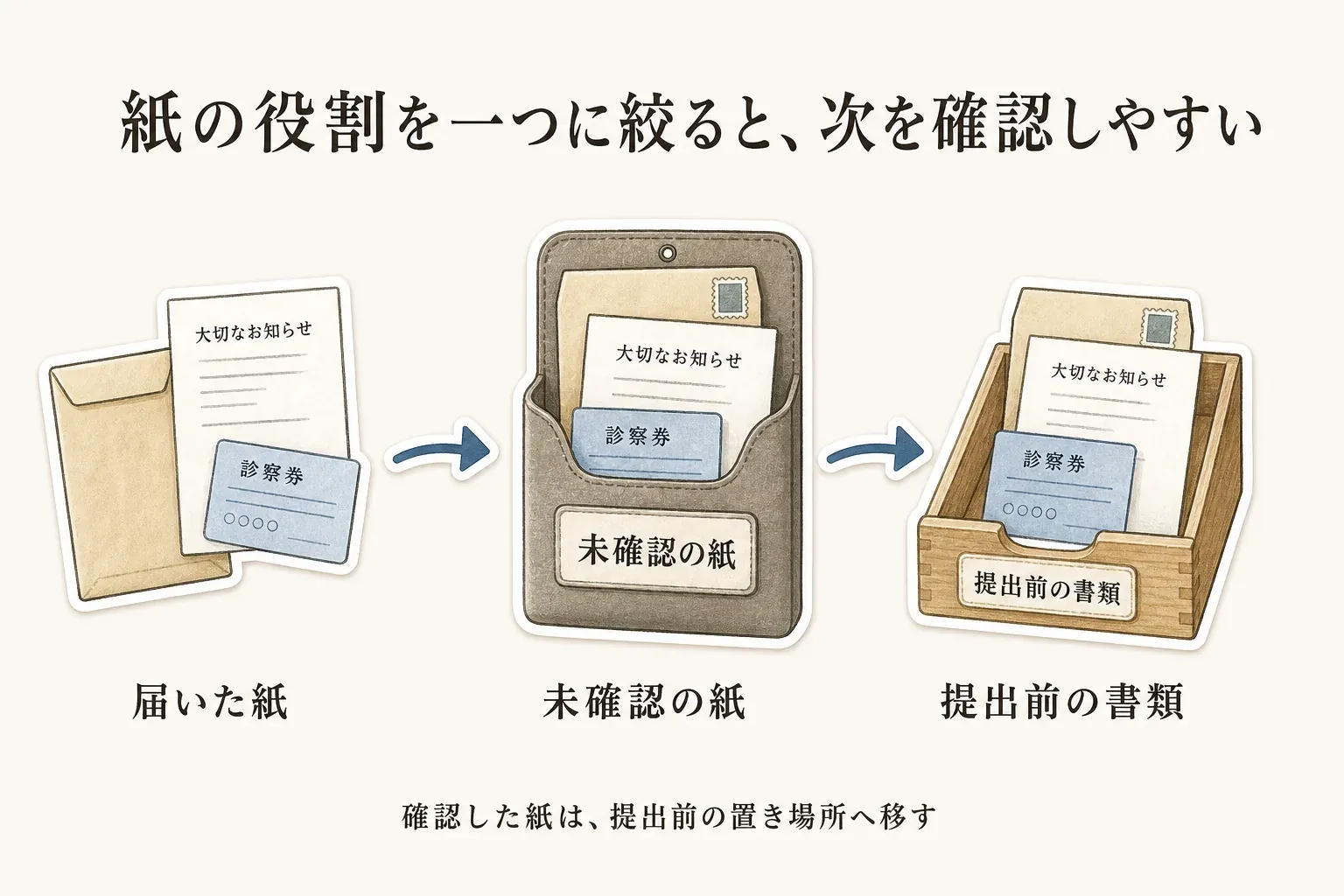 届いた封筒・お知らせ・診察券を、壁掛けレターホルダーの「未確認の紙」へ入れ、確認後に卓上トレーの「提出前の書類」へ移す流れを示す図。紙の役割を一つに絞ると次に確認しやすいことを示している。出典：記事本文