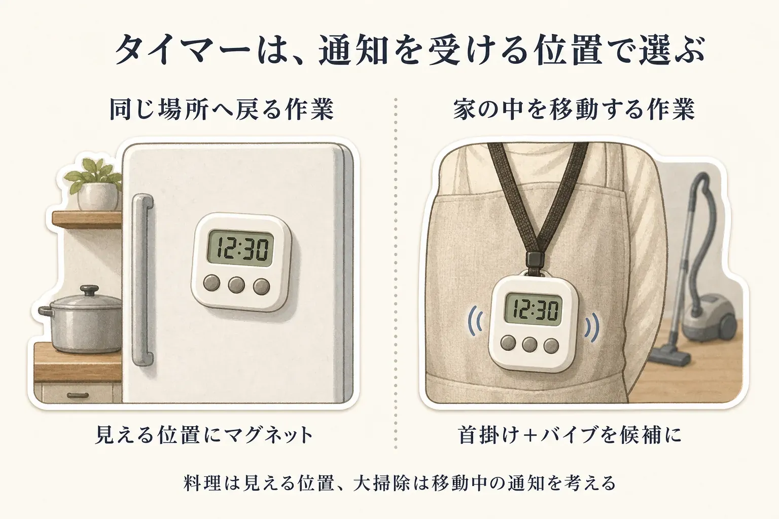 年末の料理では冷蔵庫など目線が戻る位置に貼るマグネットタイマー、大掃除で部屋を移動する場合は首から下げて身につけるバイブレーションタイマーを示す図。通知を受ける場所に合わせて選ぶ。出典：記事本文