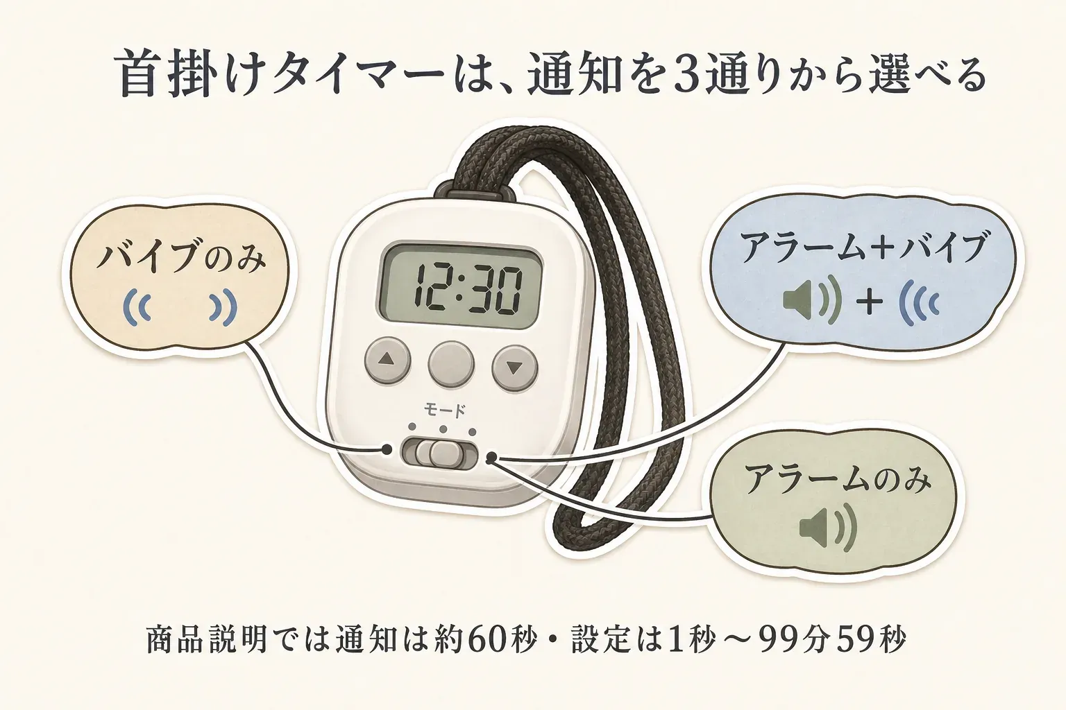 首掛けバイブレーションタイマーの通知モードとして、バイブのみ、アラームとバイブ、アラームのみの3通りを示す図。音を出せない作業ではバイブのみ、状況に応じて音と振動を切り替える。出典：記事で確認した商品説明